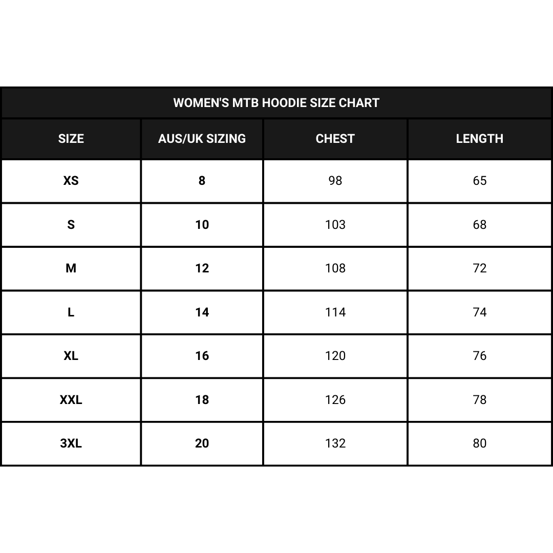 Shred Like a Girl Womens MTB Hoodies Size Chart