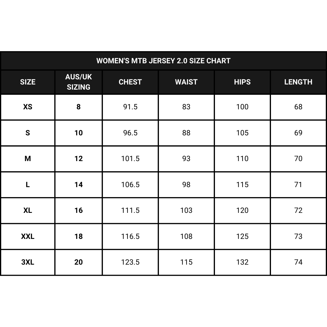Shred Like a Girl Womens MTB Jerseys 2.0 Size Chart