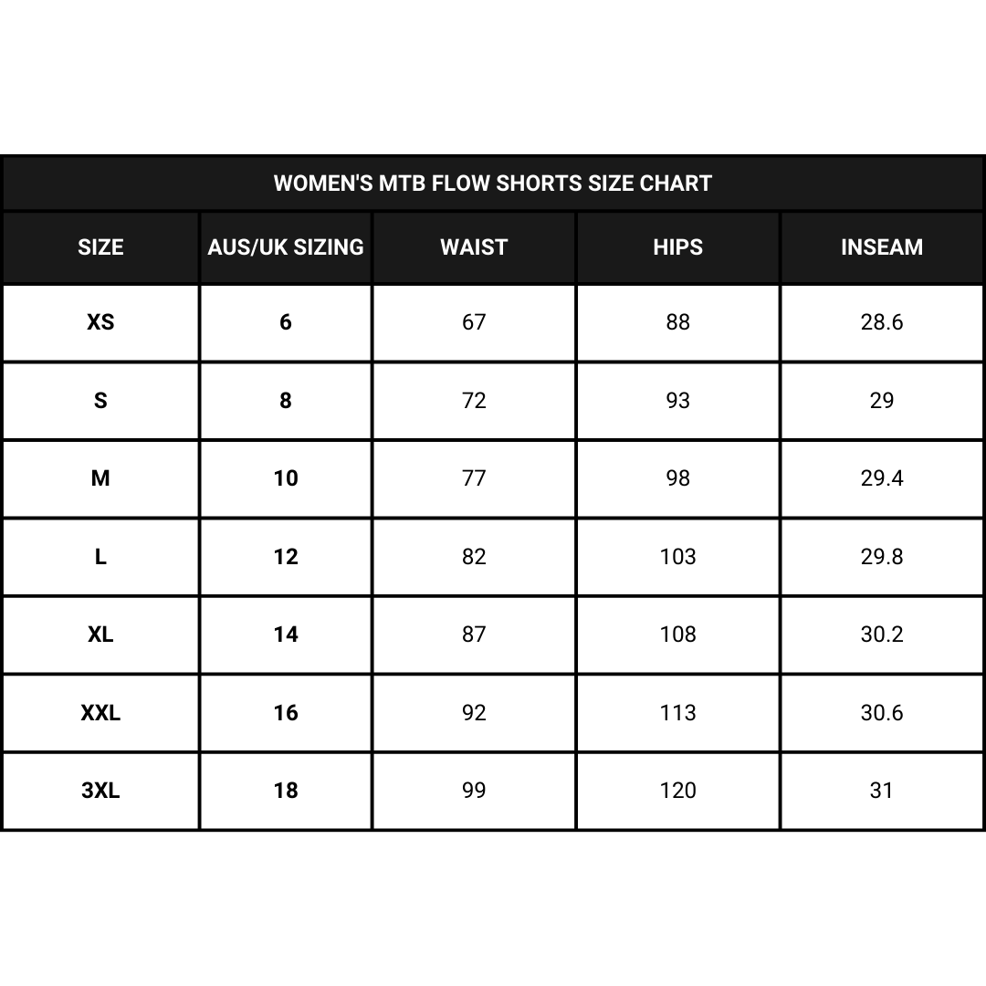 Shred Like a Girl Womens MTB Shorts Flow Size Chart