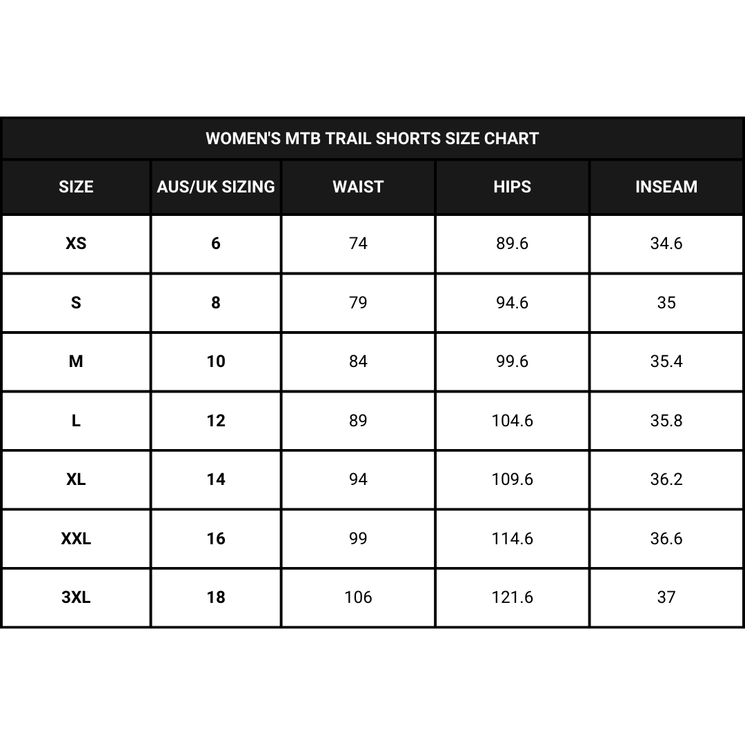 Shred Like a Girl Womens MTB Shorts Trail Size Chart